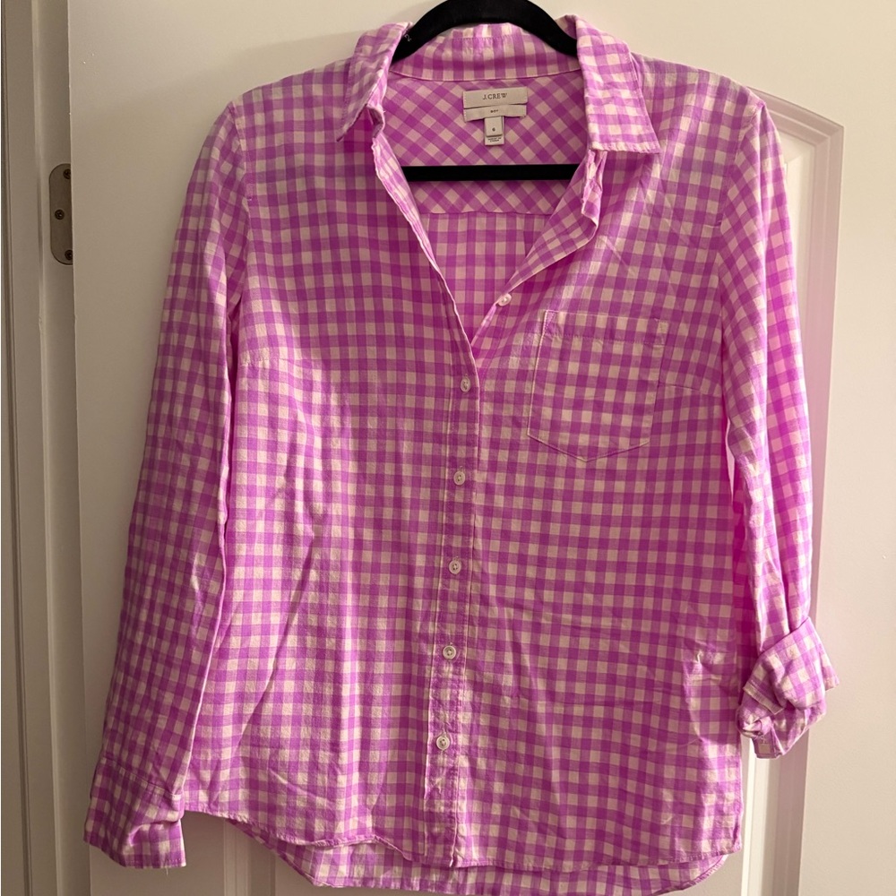 J. Crew Neon Lavender Gingham Plaid Boy Shirt 6